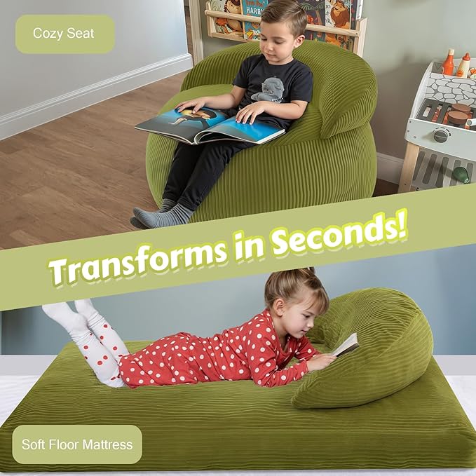 COMAX Bean Bag Chair for Kids, Convertible Toddler Beanbag Bed Corduroy, Children Bean Chair Stuffed to Floor Mattress with Filler, Light Green