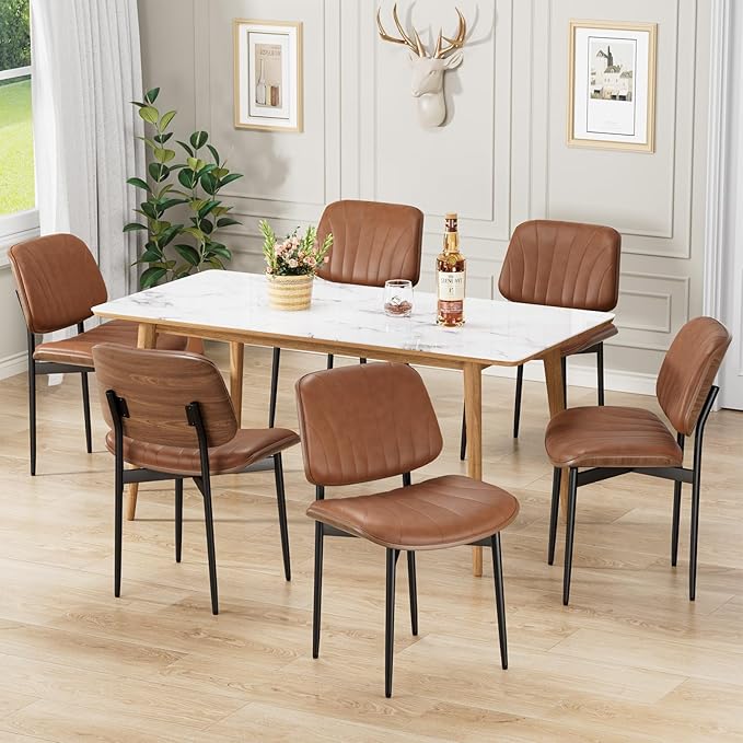 Dining Chairs Set of 4, Mid-Century Modern Upholstered PU Leather Chairs with Walnut Bentwood Back and Metal Legs Adjustable Feet for Kitchen Dining Room, Camel Shell Strips