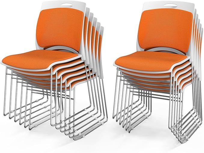VINGLI Stackable Chairs Set of 12, Stacking Office Chairs with Metal Sled Base, Ergonomic Plastic Padded Seat & Back, Capacity 350lbs, Stacking Chairs for Waiting Room Break Room Banquet Guest, Orange