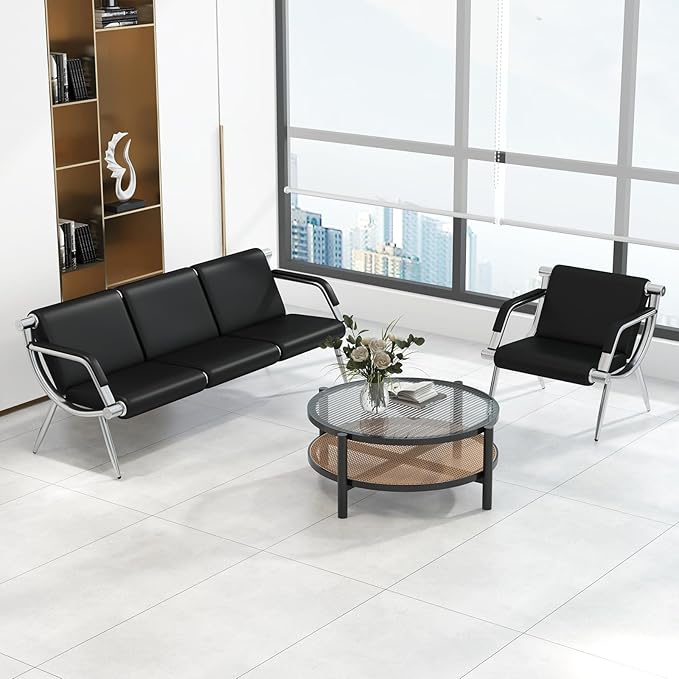 Kinfant Waiting Room Chair- Office Reception Furniture with Armrest and PU Leather Cushion, Office Guest Chair for Waiting Room Airport Hospital Bank Lobby, Black(1 Seat+3 Seat)