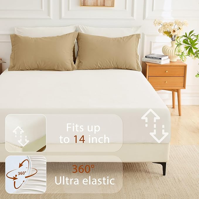MUXHOMO 7 Pieces King Comforter Set, Soft Bed in a Bag King Size, All Season Bedding Set with Comforter, Flat Sheet, Fitted Sheet, Pillowcases & Shams, Ivory & Khaki