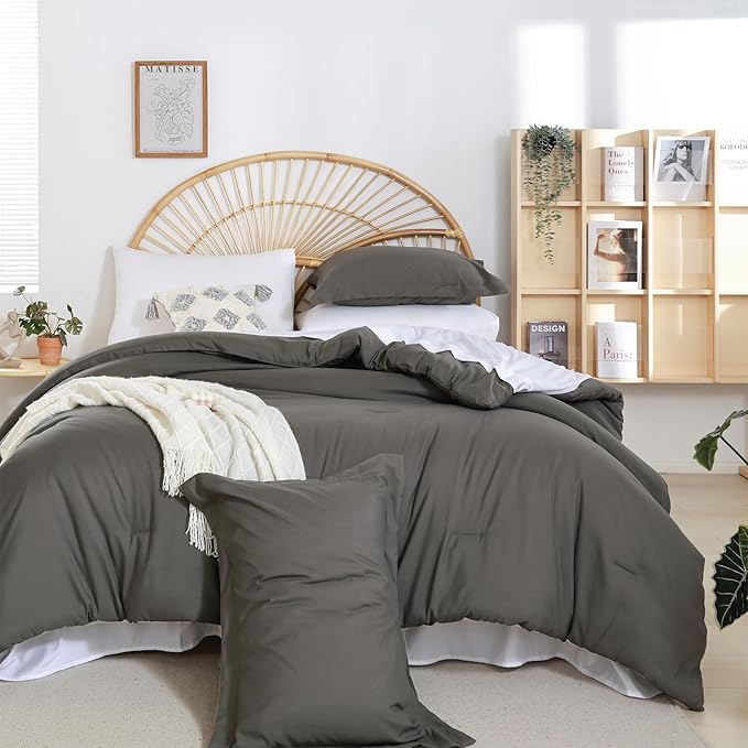 weigelia Dark Grey Comforter Set King Size Grey Comforter with 2 Pillowcases 7 Pieces Gray King Comforter Bedding Set for Women and Men Microfiber Bed Comforter Set Soft All Season