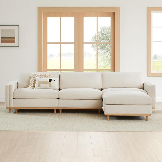 CHITA Super Large Luxury L Shape Convertible Sectional Modular Sofa, Down Filled Modern Sofa with Ottoman, Deep Seat Cloud Couch, 118 inch Width, 4 Seat Couch with Solid Wood Leg, Linen