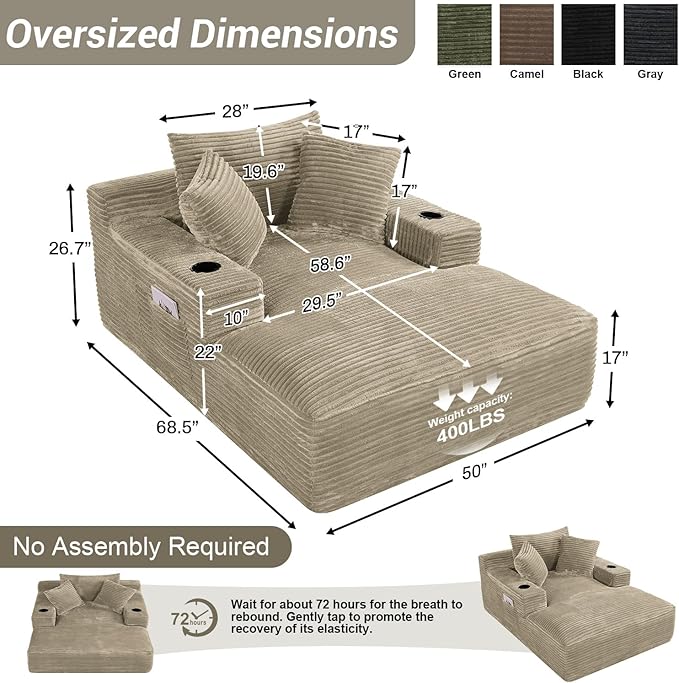50"W x 68"D Oversized Chaise Lounge Chair Indoor Boneless Reading Chair Plush Corduroy Recliner with Cup Holders Large Deep Seat Comfy Sofa Bed with 3 Pillows for Living Room Bedroom, Light Camel