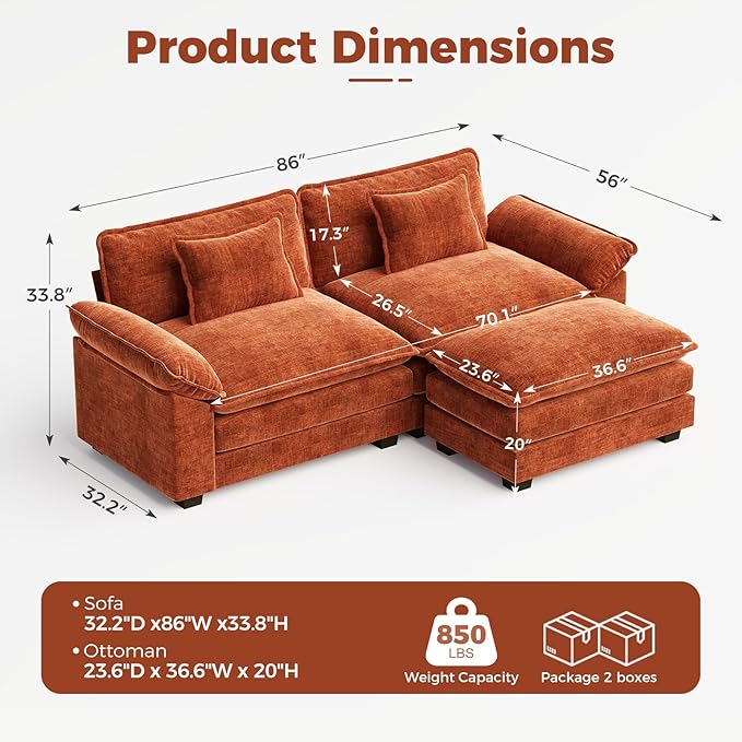 CDCASA 86" Modular Sectional Sofa, Comfy L-Shaped Cloud Couch with Movable Ottoman, 3-Seater Chenille Deep Seat Modern Sofa Couch for Living Room, Terracotta Orange