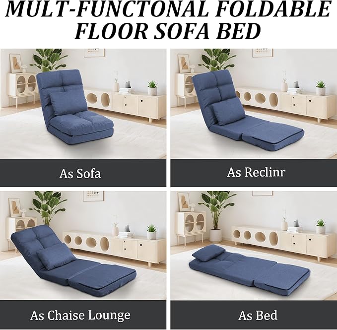 Chaise Lounge Indoor, 14-Position Floor Chair with Padded Pillow for Adults Kids, Folding Lazy Sofa Chair for Living Room, Bedroom, for Gaming Reading Blue