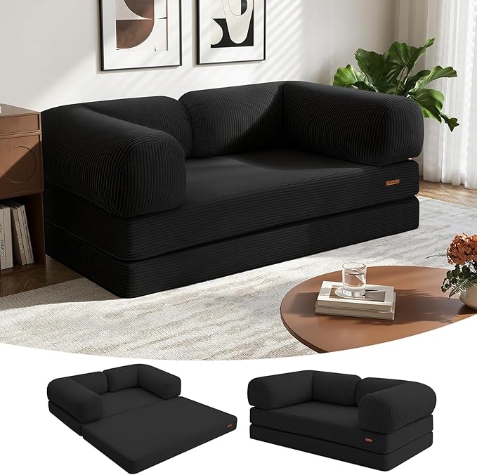 COMAX Futon Sofa Bed, 4-in-1 Floor Foldable Sofa Couch Bed with L-Shaped Armrests, Convertible Folding Chair Bed Sleeper Mattress Fold Out Lounge for Living Room Bedroom, Black