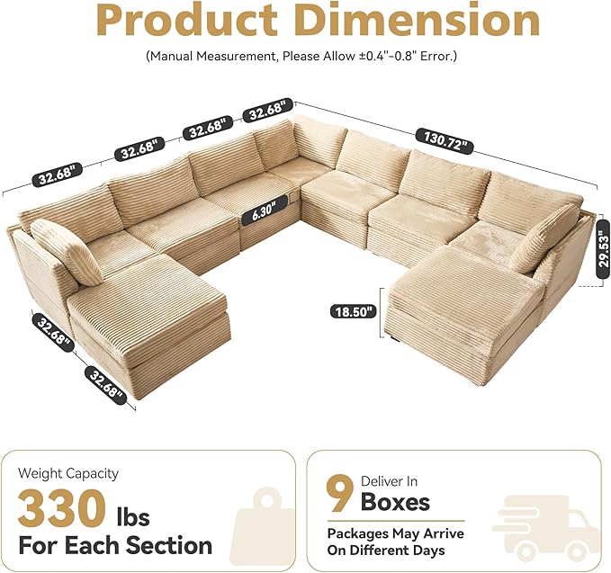 CAODOC Large 9 Seat Modular Sectional Sofa with Ottoman Seat Corduroy Sleeper Sectional Sofa Bed Oversized Convertible Modular Couch for Living Room