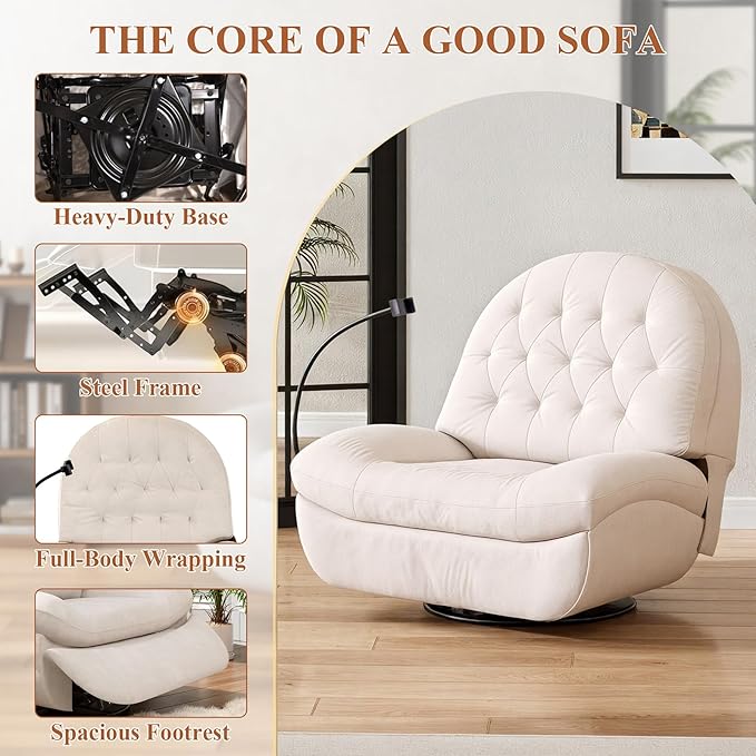 Power Recliner Chair - Reclining Sofa with USB Charging 270° Rocking 330 lbs Capacity Snow Velvet Fabric Rocker Recliner for Adults & Elderly Glider Rocking Chair for Living Room and Bedroom