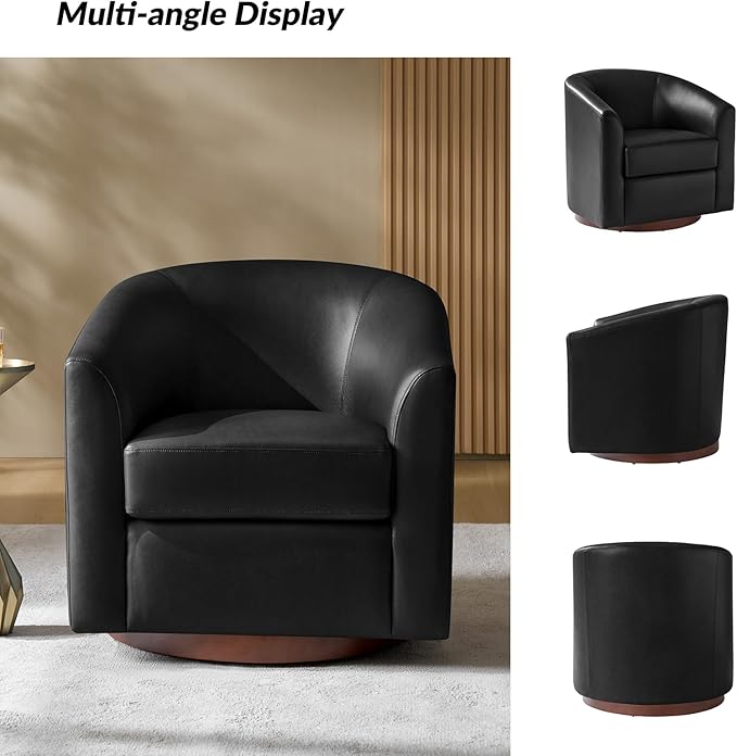 HULALA HOME Faux Leather Swivel Accent Chair with Solid Wood Base, Round Swivel Barrel Chair for Living Room and Bedroom, Black