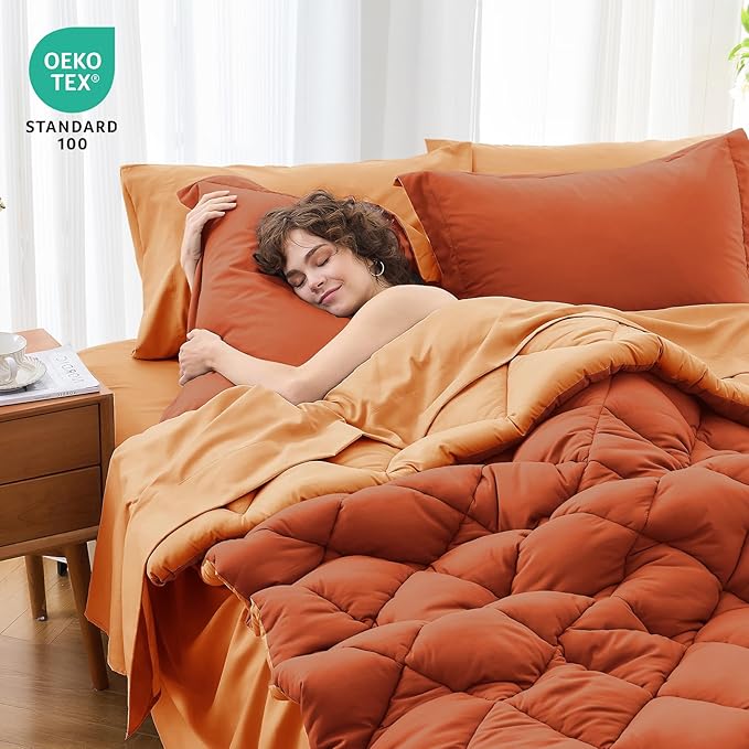 MUXHOMO 7 Pieces Queen Comforter Set, Reversible Bed in a Bag Queen Size, All Season Bedding Set with Comforter, Flat Sheet, Fitted Sheet, Pillowcases & Shams, Burnt Orange & Camel