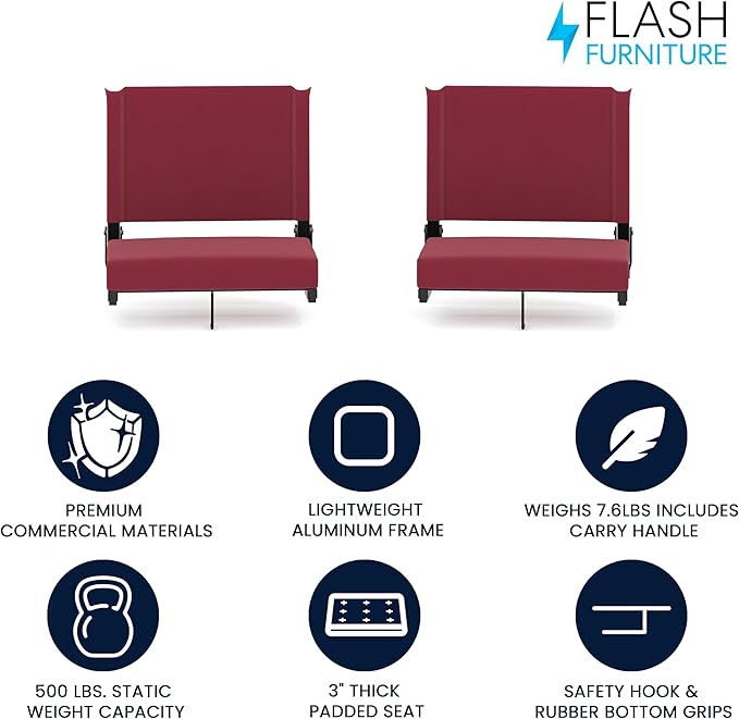 Flash Furniture Grandstand Portable Stadium Seats for Bleachers or Benches, Folding Padded Stadium Chairs with Handle, Pack of 2, 500 lb. Weight Capacity, Maroon
