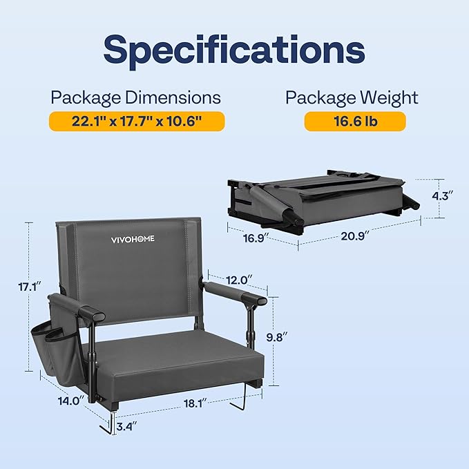 VIVOHOME Stadium Seats with Back Support and Cushion, 2 Pack Portable Bleacher Chairs with Cup Holder and Shoulder Strap