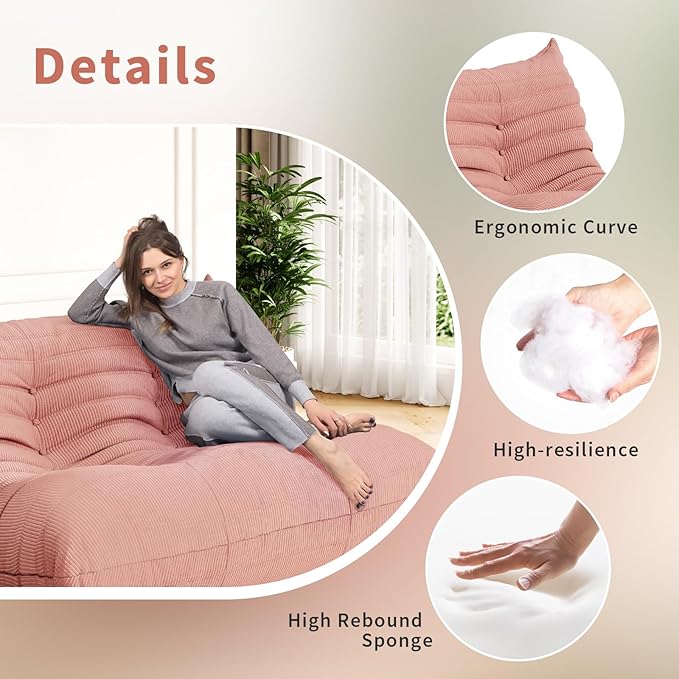 Bean Bag Chair Sofa Fireside 3 Seat Lounger Couch for Adults Corduroy Cozy Lazy Floor Sofa Memory Foam Chair for Home, Apartment and Gaming Venue,Pink