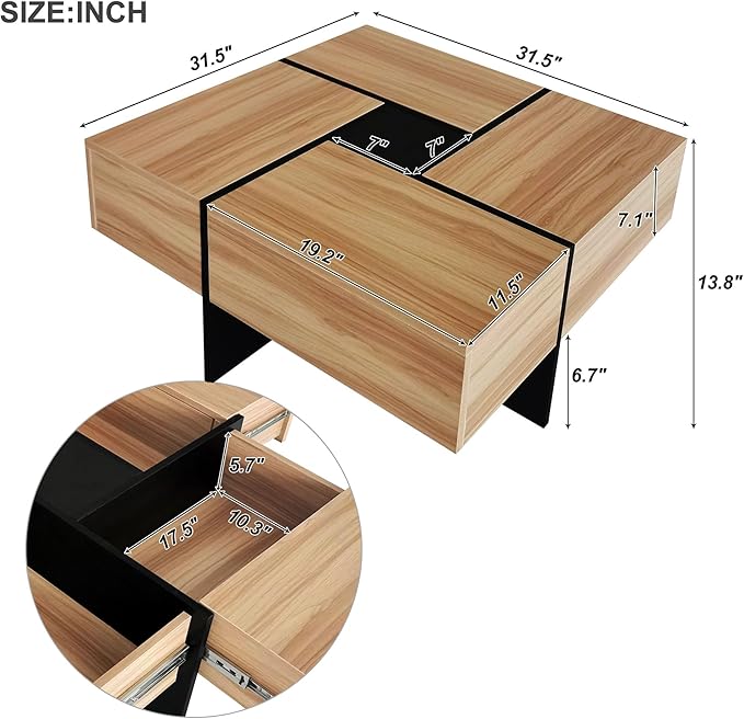HanStrong 31.5" Square Coffee Table with 4 Hidden Storage Compartments,Cocktail Table with Extendable Sliding Tabletop,UV High-Gloss Design Center Table for Living Room,Brown