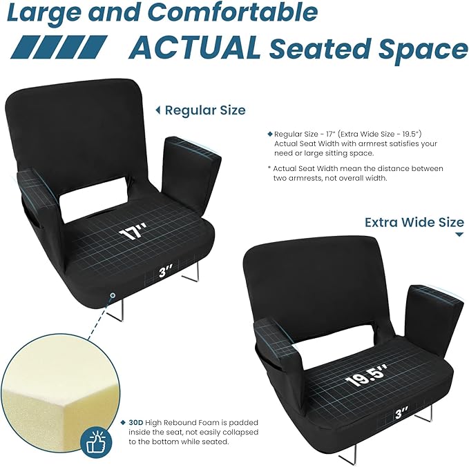 TOPSKY Stadium Seat with Back Support, Regular Size 18.7”Width (Seat 17”), 3 Reclining Positions, Wide Bleacher Seats with 2 Hook, Picnic Seat (2pcs Black)