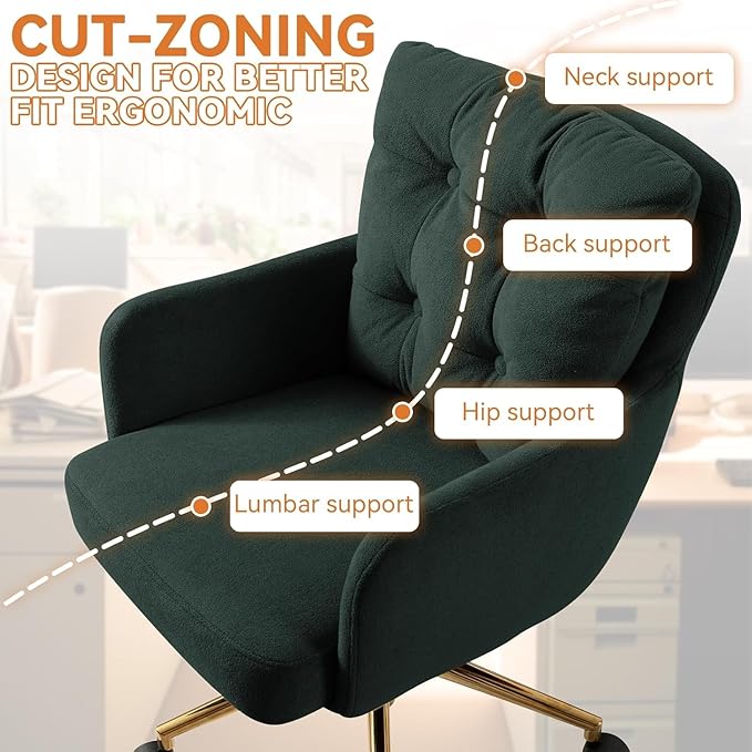 BALIAA Flannel Office Chair, Comfy Home Office Desk Chairs with Lumbar Support, Modern Velvet Desk Chair Gold Legs Small Swivel Task Chair for Home Office, Bedroom, Study (Green, L)
