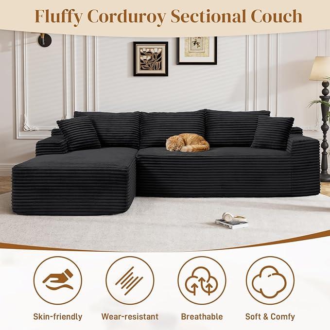 95" Boneless Cloud Sectional Couches for Living Room, Comfy Fluffy L Shaped Memory Foam Deep Seat Boneless Couch, Modular Sectional Sofa with Left Facing Chaise, Black