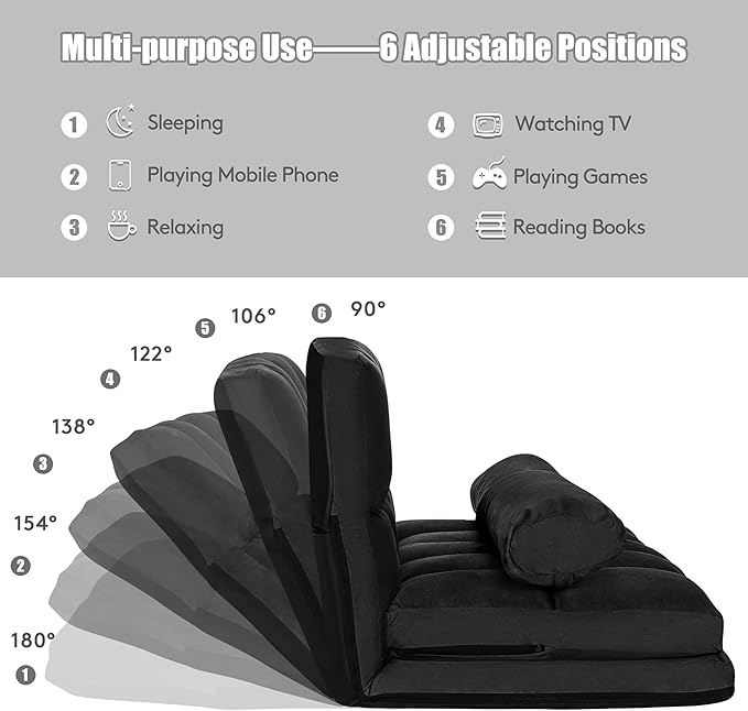 DORTALA Foldable Floor Sofa, 6-Position Adjustable Lounge Couch with 2 Pillows & Suede Cloth Cover, Modern Lounge Mattress Video Gaming Lazy Couch, Suede Floor Seating Sofa, 71" x 44.5", Black