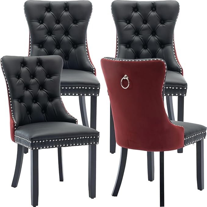 YeahFurn Modern Dining Chairs Set of 4, Tufted Upholstered Dining Room Chairs with Nailhead, PU Leather Front & Velvet Back, Solid Wood Legs, Kitchen Chairs, Sillas de Comedor (Black & Burgundy)