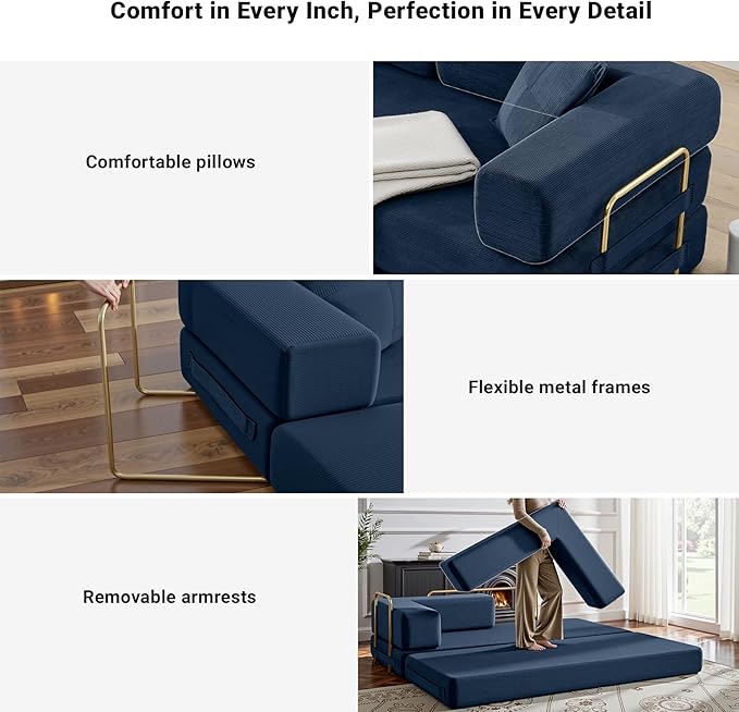 78" Convertible Sleeper Sofa Bed, Corduroy Folding Sofa Bed with Fixed-Shape Frame, Fold Out Floor Mattress Couch, Lazy Compression Sofas for Living Room, Bedroom, No Assembly Required, Blue