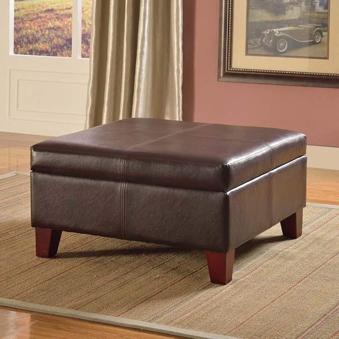 HomePop Faux Leather Square Storage Ottoman with Wood Legs, Distressed Brown