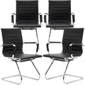 DM Furniture Black Office Desk Chair No Wheels Set of 4 PU Leather Computer Chairs Mid Back Guest Chairs for School Reception Conference Waiting Room, Black