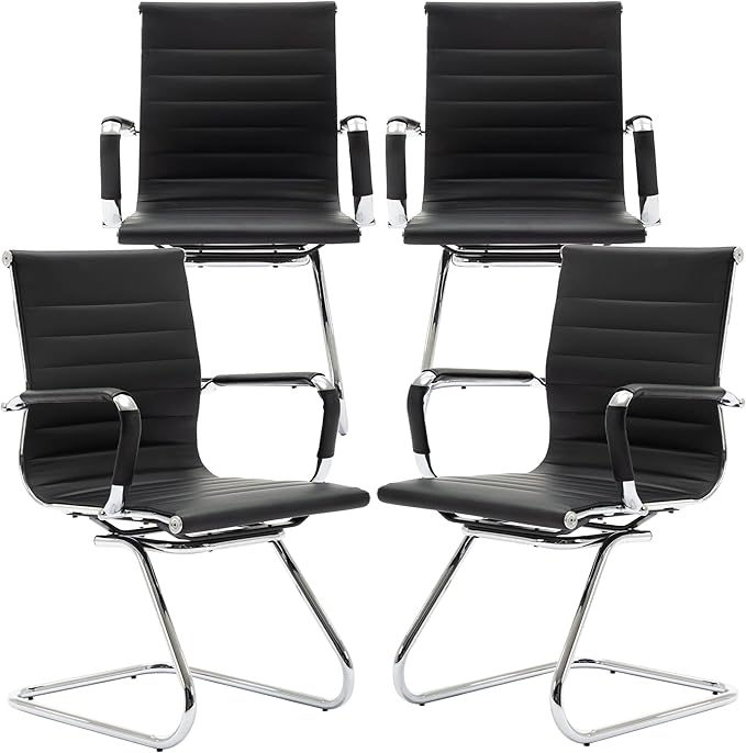 DM Furniture Black Office Desk Chair No Wheels Set of 4 PU Leather Computer Chairs Mid Back Guest Chairs for School Reception Conference Waiting Room, Black