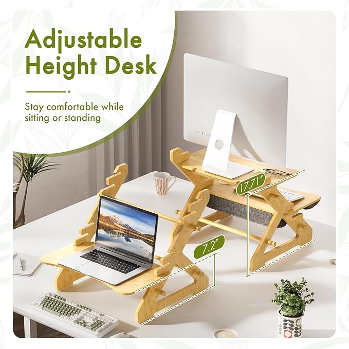 Amazer Standing Desk Converter, 22 inch Bamboo Small Sit Stand Up Desk Riser with Lap Desk Computer Desktop Desk Converter for Monitor and Laptop with Keyboard Tray