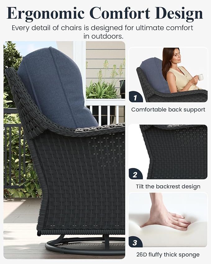 LayinSun 7 Piece Wicker Outdoor Furniture Set with 6-inch Comfy Cushions, High Back Patio Furniture Set with Swivel Rocking Chairs and Fire Pit Table