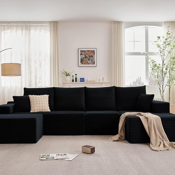 135.4" W Cloud Sectional Couch with Ottoman,Modern U-Shaped Cloud Couch with Deep Seat,Comfy Corduroy 4-Seater Sofa,Memory Foam Sofa for Living Room,No Assembly (Black,Right-Facing Chaise)