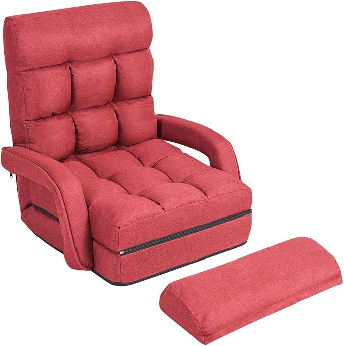 Giantex Folding Floor Chair with 6-Position Adjustable Backrest, Armrests & Removable Pillow, 330Lbs Capacity, Lazy Sofa Armchair, Chaise Lounge Bed, Gaming Recliner for Living Room Bedroom, Red