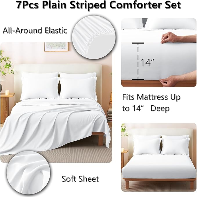 CozyLux Queen Comforter Set - 7 Pieces Bed in a Bag White Comforter Set with Sheets Luxury Bed Set All Seasons, Soft Bedding Set with Down Alternative Comforter, Sheets, Pillowcases & Shams