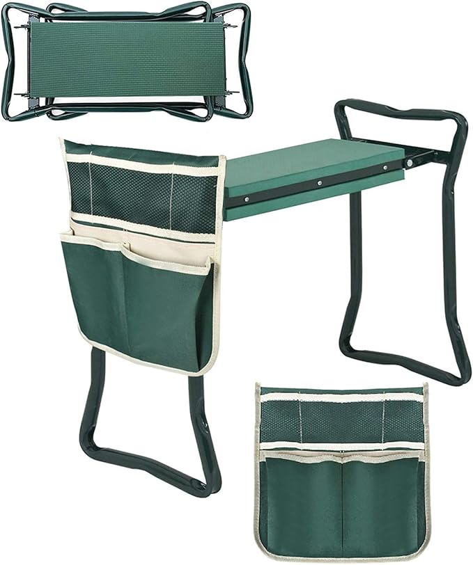 TINVHY Foldable Garden Kneeler and Seat Heavy Duty Gardening Bench Soft Cushion Seat with Tool Pouch and Kneeling Pad