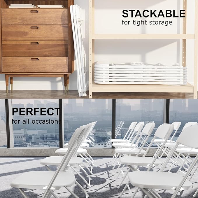 14 Pack White Folding Chairs, Portable Party Chairs, Plastic Folding Chair,Stackable Commercial Seats with Steel Frame for Office Wedding Party Patio Dinning Events, 350lbs Capacity