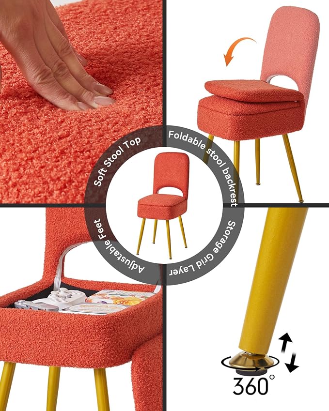 IBUYKE Small Storage Vanity Stool with Folding Backrest, 12.99" x 13.78" x 31.5" Square Teddy Velvet Ottoman, Makeup Chair for Living Room, 4 Metal Legs with Anti-Slip Feet, Orange WBD027J