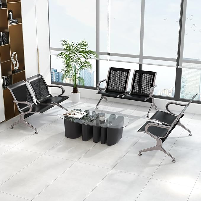 Kinfant 2-Seat Waiting Room Chair Bench Set - Office Guest Benches Reception Chairs with Arms for Airport, Hospital, Bank, Salon, Barbershop, Hall, Room Conference(Black Mesh, Set of 3)