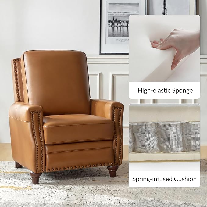 HULALA HOME Genuine Leather Recliner Chair, Classic Push Back Manual Recliner Armchair with Thick Seat and Backrest for Bedroom Living Room Reading Home Relax Office(Camel)