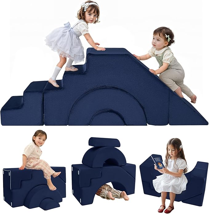 MeMoreCool Modular Kids Sofa, Foam Couch Sofa with Slide & Stair Design, Convertible Kids Couch for Playroom, Sectional Child Furniture for Bedroom Living Room, Navy