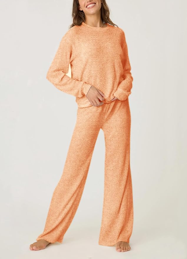 Aamikast Women's 2-Piece Lounge Set Soft Brushed Jersey Sleepwear Pajamas Set Long Sleeve Top & Wide Leg Pants