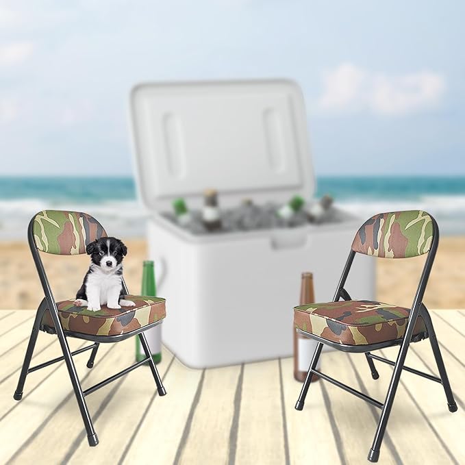 fusehome Mini Padded Folding Chairs, Garage Stool, Portable Camping Chair with Cushion, Lightweight Lawn Chair, for Outdoor Sports Events, Patio, Fishing, Hiking, Hunting, Picnic, Beach (Camo Green)