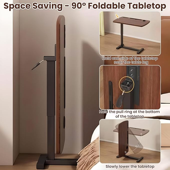 Overbed Table with Hidden Wheels, Height Adjustable Hospital Overbed Bedside Table, Mobile Laptop Standing Desk with Cup Holder and USB, Hospital Home Use