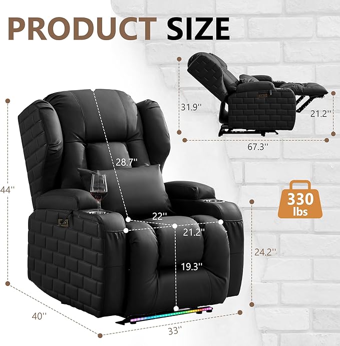 Wall Hugger Power Recliner Chair with Heat and Massage, Overstuffed Reclining Sofa Chair for Living Room Home Theater RV with 3-Side LED Lights/Cup Holders/USB & Type C Port (Black)