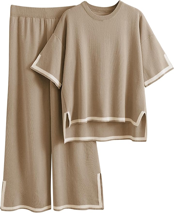 Faleave Womens Knit 2 Piece Sweater Sets Short Sleeve Pullover Tops Elastic Waist Wide Leg Pants Lounge Set
