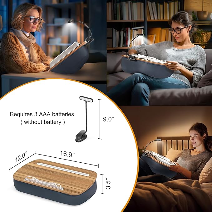 Book Pillow Stand with 6500K Reading Light, Hands Free Book Holder, Comfortable Lap Book Stand for Reading in Bed, Desk, or Sofa, Wooden Book Rest for Book Lovers,AAA Battery Required