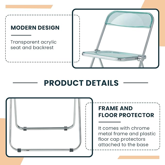 LeisureMod Lawrence Modern Clear Acrylic Folding Chair with Metal Frame, Space-Saving Transparent Seating for Dining Room, Home Office, Bedroom, Vanity or Small Spaces, (Jade Green, Set of 2)