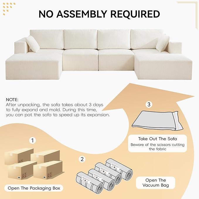 146'' Oversized Boneless Sofa, 4 Seater Modular Sectional Couch with 2 Moveable Ottoman, U Shaped Corduroy Convertible Sleeper Sofa with Chaise for Living Room, Beige