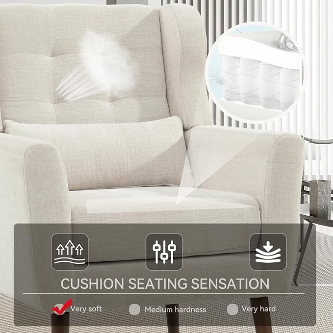 QKFF Modern Accent Chair, Upholstered Armchair with Pillow, Fabric Single Sofa Chair with Lounge Seat and Wood Legs Accent Chair for Living Room Bedroom Small Spaces (Beige, Set of 2)