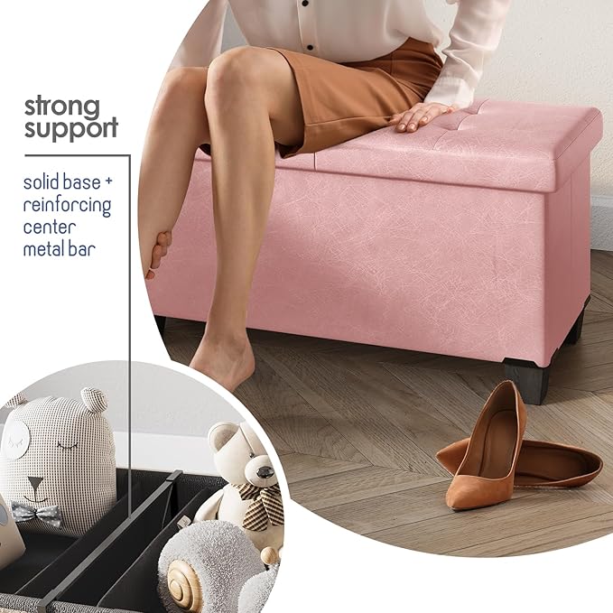 Storage Ottoman Bench with Bins, 43-in Storage Bench for Bedroom End of Bed, Folding Foot Rest Ottoman for Living Room Max 660lbs, Faux Leather Ottomans, Pink
