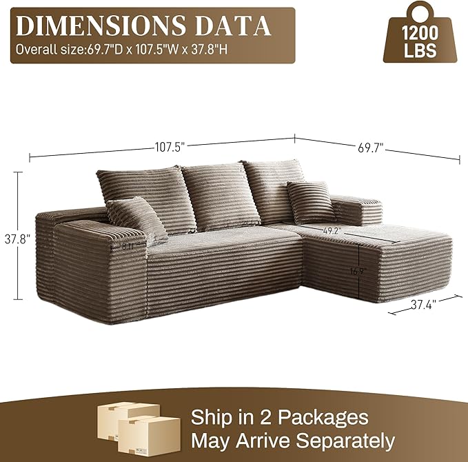 HYJT H&K Modular Sectional Sofa Cloud Couch, 107" Comfy L Shaped Sectional Couches for Living Room, Deep Seat Memory Foam Plush Fluffy Corduroy Boneless Couch Sectionals Right Facing Sofa Chaise Camel